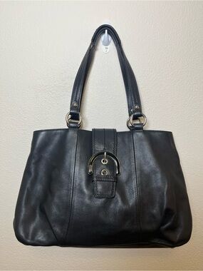 Coach Soho Hampton Black Leather Shoulder Bag with Gold-Tone Buckle